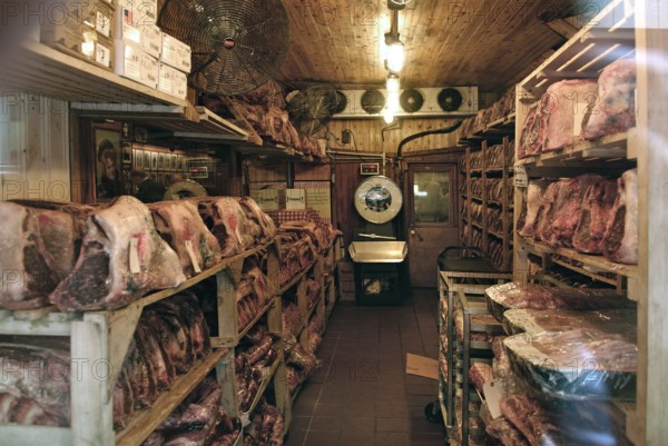 Frozen meat warehouse of a butcher's shop, New York City, USA
