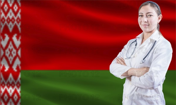 Female doctor on Belarus flag. Doctor with crossed arms on Belarus flag. Belarus health and care concept