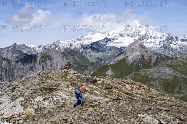 Mountaineer on a hiking trail, snow-covered and glaciated summit of the Großglockner in the background, Wiener Höhenweg, Schober Group, Hohe Tauern National Park, Carinthia, Austria