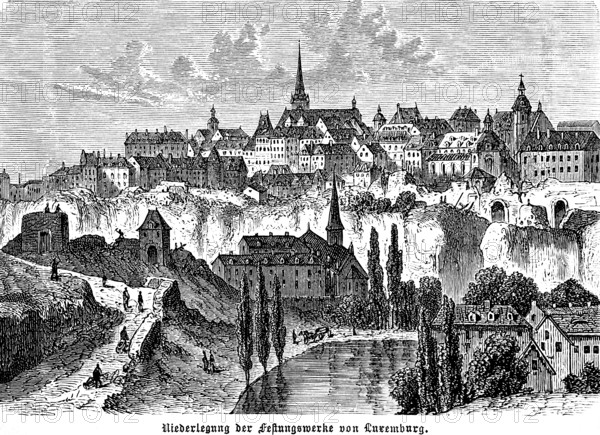 Cityscape of the old town of Luxembourg, laying down of the fortifications, loops of the fortress walls, river Petruss, church, towers, rock, path, people, Grand Duchy of Luxembourg, historical illustration 1896
