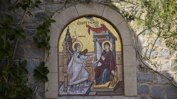 Religious mosaic painting of the Annunciation with Mary and an angel, woman's monastery, Evangelismou Monastery, Patmos, Dodecanese, Greek Islands, Greece