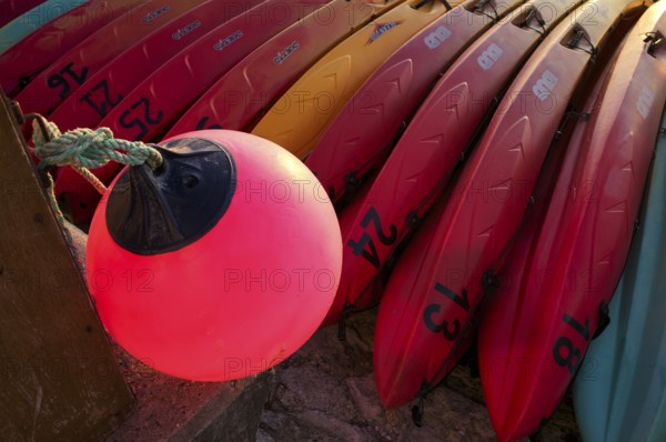 Kayaks, boats, colourful, lying on the beach, buoy, Étretat, Normandy, Seine-Maritime, France