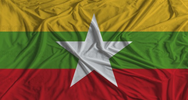Myanmar flag with fabric texture background. National flag of Myanmar with cloth texture