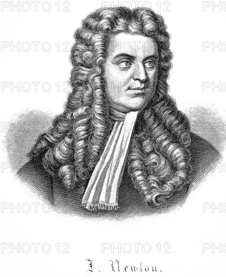 Portrait of Isaac Newton (1642-1726) steel engraving, curly wig, neckerchief, important English polymath, natural scientist, physics and mathematics, Newton's law of gravitation, President of the Royal Society, England, historical illustration 1877