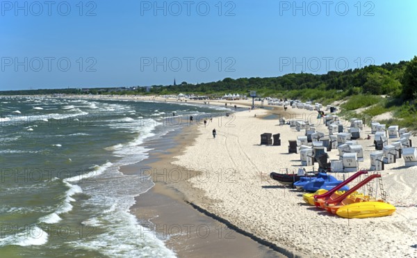 Waves wash up on the sandy beach in the Baltic seaside resort of Heringsdorf, Usedom Island, Mecklenburg-Western Pomerania, Germany