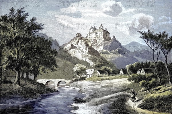 The hunting lodge Augustusburg, built from 1568 to 1572 above the town of the same name on the Schellenberg on the northern edge of the Saxon Ore Mountains. Germany, historical picture or illustration from 1894, reproduction, digitally enhanced, historical