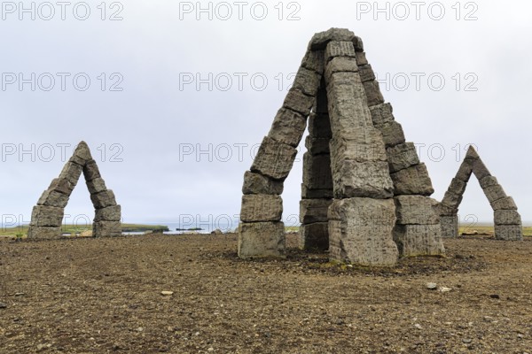 Gravel path to the Arctic Henge, large stone gates, basalt, landmark, in barren landscape, Heimskautsgerði, Heimskautsgerdi, artist Erlingur Thorodsen, Raufarhöfn, Melrakkasletta, North-East Iceland, Iceland