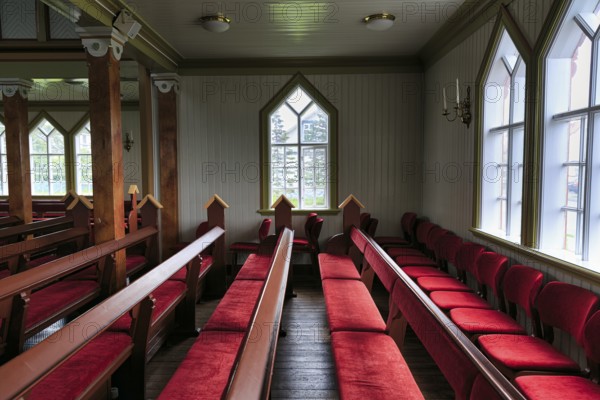 Pews in a church, interior view, Husavikurkirkja, Husavik, Húsavík, North Iceland, Iceland