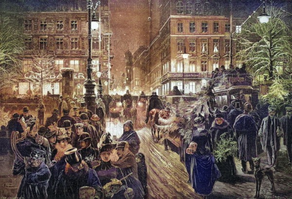 Christmas Eve Unter den Linden in Berlin, coloured wood engraving, Reproduction from a model from ca 1888, Historical, Lively street scene at night with illuminated buildings and people in winter clothes