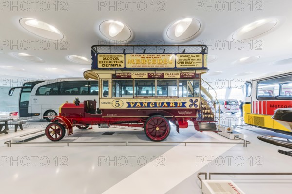 Milnes-Daimler double-decker bus from 1907. The Mercedes-Benz Museum in Stuttgart presents a journey through the automotive history of the global corporation. The history of the Mercedes star begins with the first automobile in 1886. 28.05.2025. Stuttgart, Baden-Württemberg, Germany