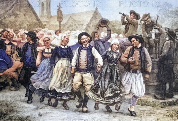 Breton gavotte, dance, Brittany, France. The gavotte is a historical ballroom dance. It is often part of the baroque suite, coloured wood engraving, reproduction from a model from ca. 1888, Historical, A cheerful dance scene outdoors with people in traditional dress dancing to the music. The atmosphere is exuberant and festive
