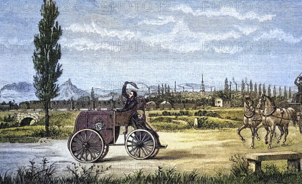 Kröner's driving machine from 1846, coloured wood engraving, reproduction from a model from ca 1846, Historical, Historical carriage scene on a road with horses and wide landscape