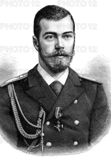 Nicholas II or Nikolai II. Alexandrovich, 18 May 1868 - 17 July 1918, was the last Emperor of Russia, reigned from 1 November 1894 until his forced abdication on 15 March 1917, Illustration, published 1890, Reproduction, digitally enhanced, Historical