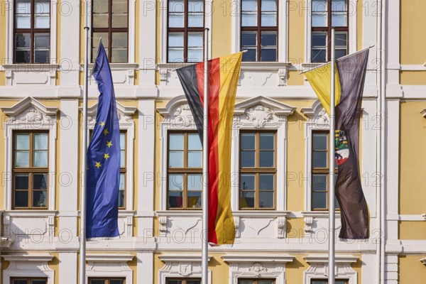 State parliament, flagpoles, flags, European flag, German flag, Saxony-Anhalt flag, historical architecture, baroque architectural style, façade, window, sunny, cathedral square, Magdeburg, state capital, independent city, Saxony-Anhalt, Germany