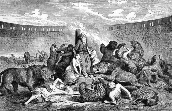 Second century AD Christian martyrs in the arena, Rome, Italy, digital reproduction of a historical model