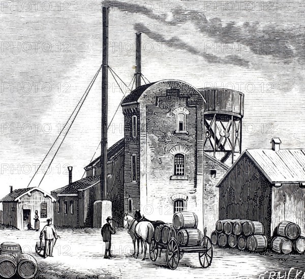 Petroleum wells in Oelheim, Ölheim, oil production, petroleum refinery, around 1882, district of Peine, Lower Saxony, Germany, Historical, digitally enhanced reproduction of a 19th century original