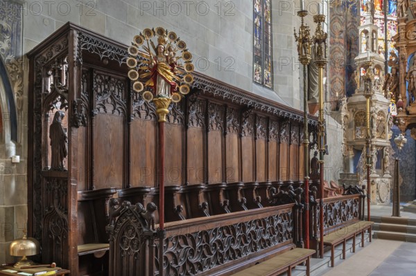 Choir stalls in Überlingen Minster, St Nicholas, built in 1350 and 1576 in the late Gothic style, Überlingen, Baden-Württemberg, Germany