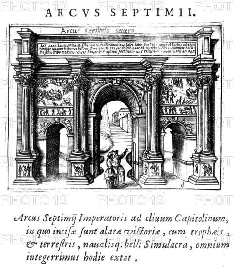 L'arco di settimio severo, Arch of Septimius Severus, a three-arched triumphal arch on the Roman Forum in Rome, Italy, Historical, digitally enhanced reproduction from Grandezze della citta di Roma antiche et moderne by Jacomo Crulli de Marcucci, from 1630, Rome