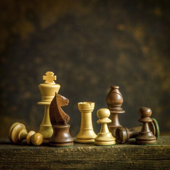 On a weathered wooden surface, a collection of chess pieces is arranged creatively. The knight stands prominently, alongside pawns and rooks, highlighting their intricate design and craftsmanship