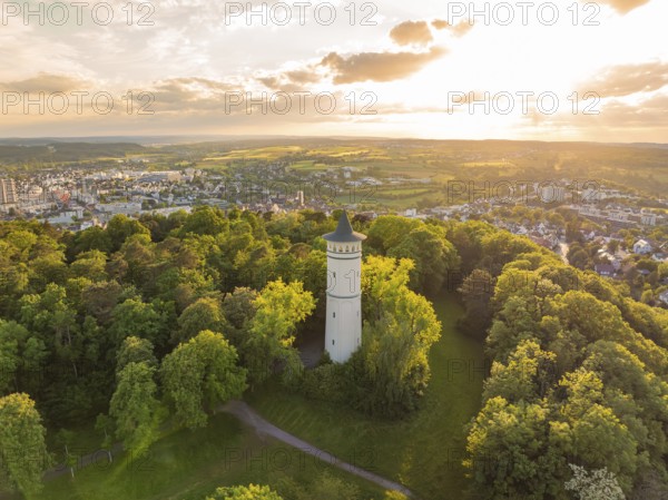 Idyllic view of a tower surrounded by woods at sunset, Engelberg Tower, Leonberg, Germany