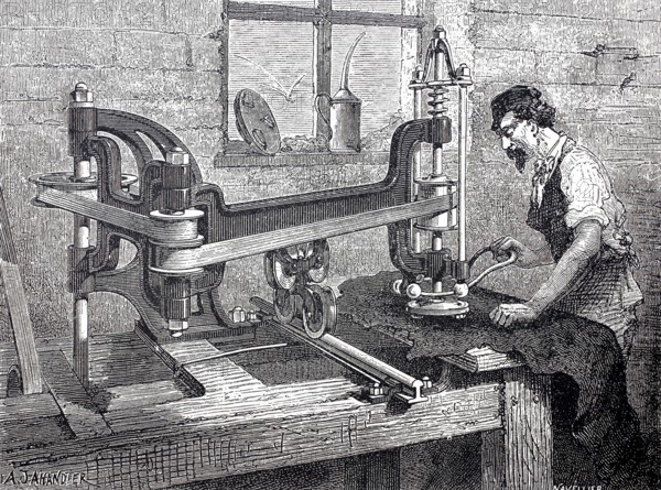 Leather processing, worker at a machine for smoothing leather, around 1880, digitally improved reproduction of a 19th century model, historical, exact date unknown