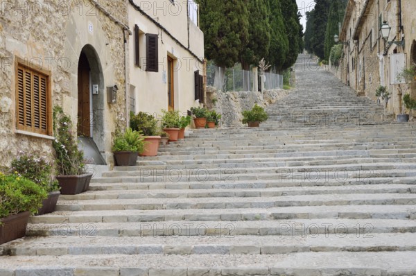 Staircase Carrer del Calvari to the Calvary, Pollenca, Majorca, Balearic Islands, Spain