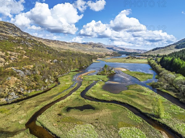 Loch Dochart and River Fillan from a drone, Highlands, Scotland, United Kingdom