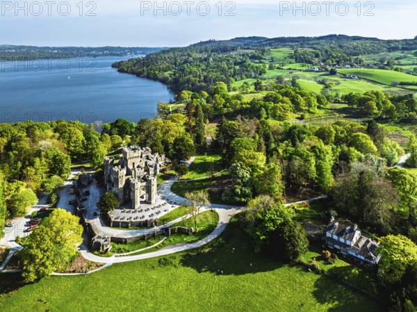 Wray Castle from a drone, Lake Windermere, Ambleside, Lake District, Cumbria, England, United Kingdom