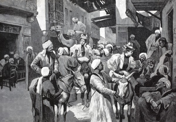 Street trading in Cairo, Egypt, coloured wood engraving, reproduction of an original from ca 1888, historical, people in traditional dress at a busy market with camels, Africa, digitally restored reproduction of an old original, exact date unknown