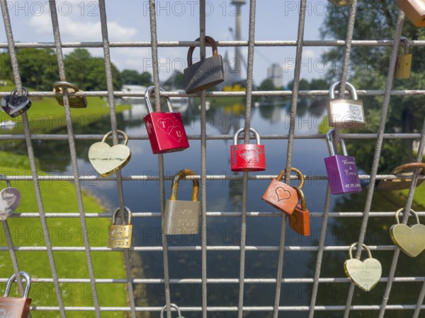 Love locks in the Olympic Park, Munich, Bavaria, Germany