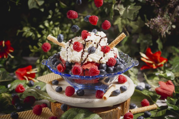 Sundae with falling raspberries and blueberries, decorated with cream and waffle, surrounded by leaves and flowers