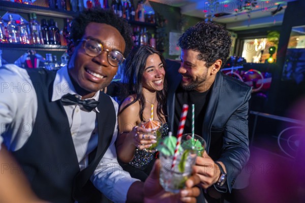 Cheerful friends raise glasses of mojitos, enjoying a vibrant night out at a trendy pub, creating memories together in a festive atmosphere