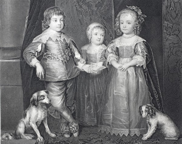 The children of King Charles I, Charles I, born 19 November 1600, died 30 January 1649, of the House of Stuart was King of England, Scotland and Ireland from 1625 to 1649, steel engraving after a painting by van Dyck, Historical, digitally restored reproduction of a 19th century original