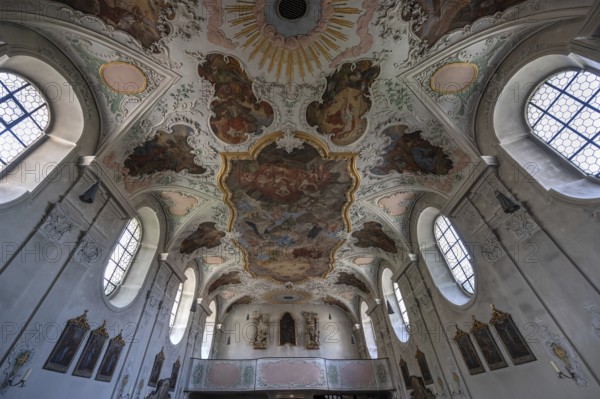Vaulted ceiling with fresco painting, St Vitus Church, destroyed around 1630, rebuilt between 1661 and 1665, Burglengenfeld, Upper Palatinate, Bavaria, Germany