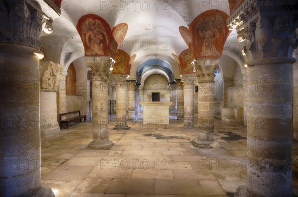 Interior, ochre-coloured drawings of angels playing music, ancient Roman crypt, Cathédrale Notre-Dame de Bayeux, Bayeux, Calvados, France