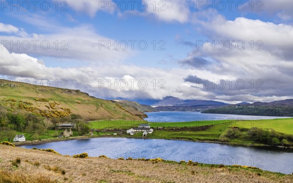 Farms over Loch Harport, Drynoch, Isle of Skye, Scotland, UK