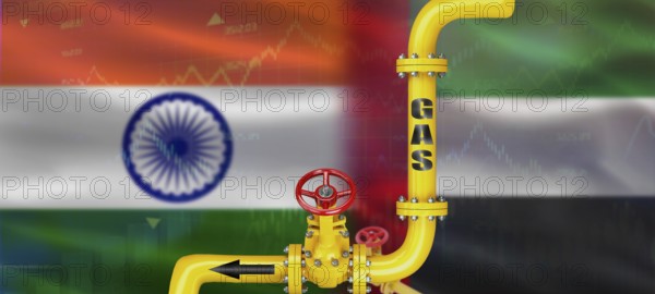 Gas pipeline with United Arab Emirates and India flag. Production and export of United Arab Emirates gas to India