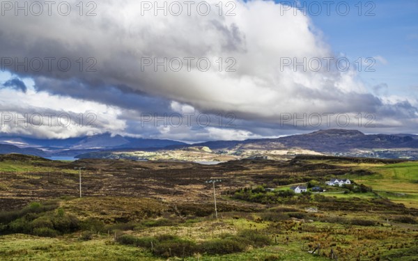 Farms over Loch Harport, Drynoch, Isle of Skye, Scotland, UK