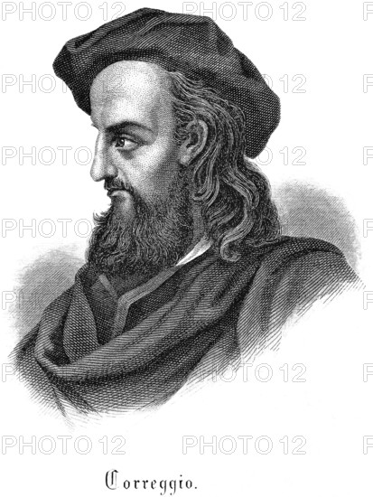 Antonio da Correggio (1489 -1534) Italian Renaissance painter, long hair, full beard, cape, beret headdress, birthplace Corregio, Mannerism, preference for light, dark contrasts, Italy, steel engraving, historical illustration 1877