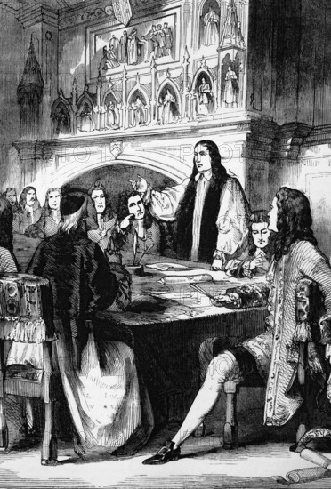 The Congress of Utrecht, which established the Treaty of Utrecht in March and April 1713 and helped to end the War of the Spanish Succession. The treaties were concluded between the representatives of Louis XIV of France and Philip V of Spain and the representatives of Anne, Queen of Great Britain, the Duke of Savoy, the King of Portugal and the United Provinces on the other side, digital reproduction of a historical original