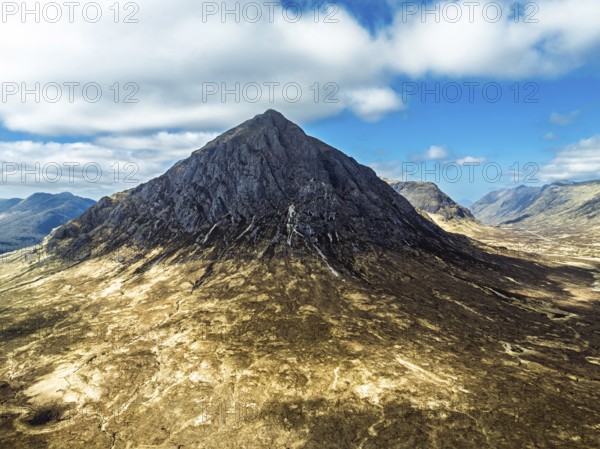 The Buachaille Mountain and Moors over Glen Etive Valley from a drone, Buachaille Etive Mòr, The Buachaille, Highlands, Scotland, United Kingdom
