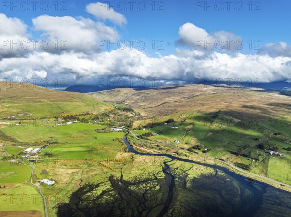 Farms and Moors over Loch Harport from a drone, Drynoch, Isle of Skye, Highlands, Scotland, United Kingdom