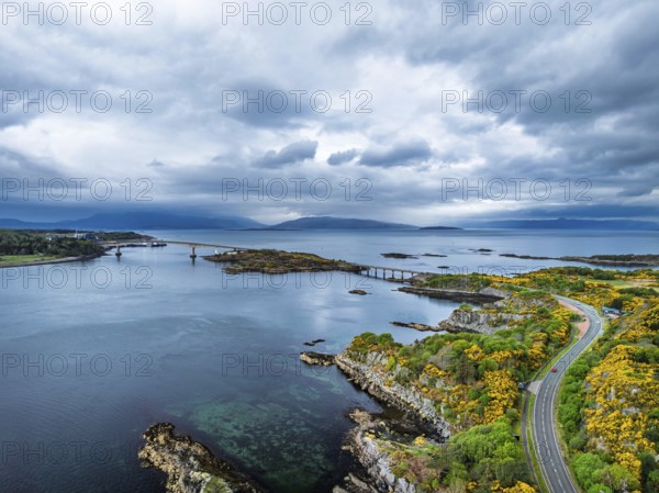 Skye Bridge over Loch Alsh from a drone, Kyle of Lochalsh, Isle of Skye, Scotland, England, United Kingdom