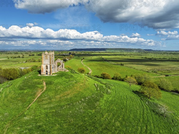 Burrow Mump from a drone, Southlake Moor, Burrowbridge, Taunton, Somerset, England, United Kingdom