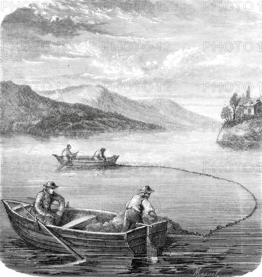 Fisherman on Lake Constance netting bluefish, 1869, Baden-Württemberg, Germany, Historical, digitally enhanced reproduction of a 19th century original