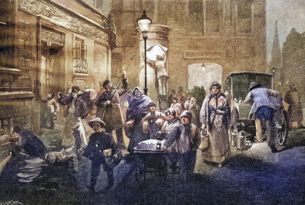 Winter morning in Berlin, Coloured wood engraving, Reproduction from a model from ca 1888, Historical, Urban night scene with people going about their daily lives