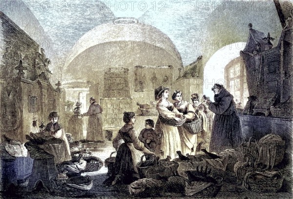 In the sacristy of a Franciscan monastery on Easter morning, coloured woodcut from 1864, people interacting in a busy market or storeroom