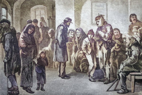 Wiener Wärmestube fuer Obdachlose, Vienna, Austria, coloured wood engraving, reproduction of an original from ca 1888, historical, people in a queue in historical clothing in a gloomy interior