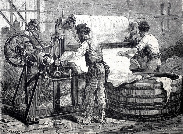 Leather processing, worker at a splitting machine for leather, around 1880, digitally improved reproduction of a 19th century model, historical, exact date unknown