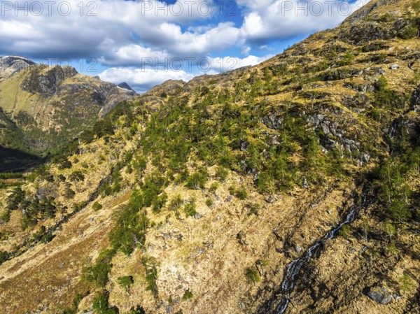 Glen Nevis Valley and River Navis from a drone, Fort William, Lochaber, Highland, Scotland, United Kingdom